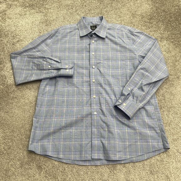 Jos. A. Bank Traveller Tailored Fit Dress Shirt Men Large Blue Plaid Cotton Work - Picture 1 of 11